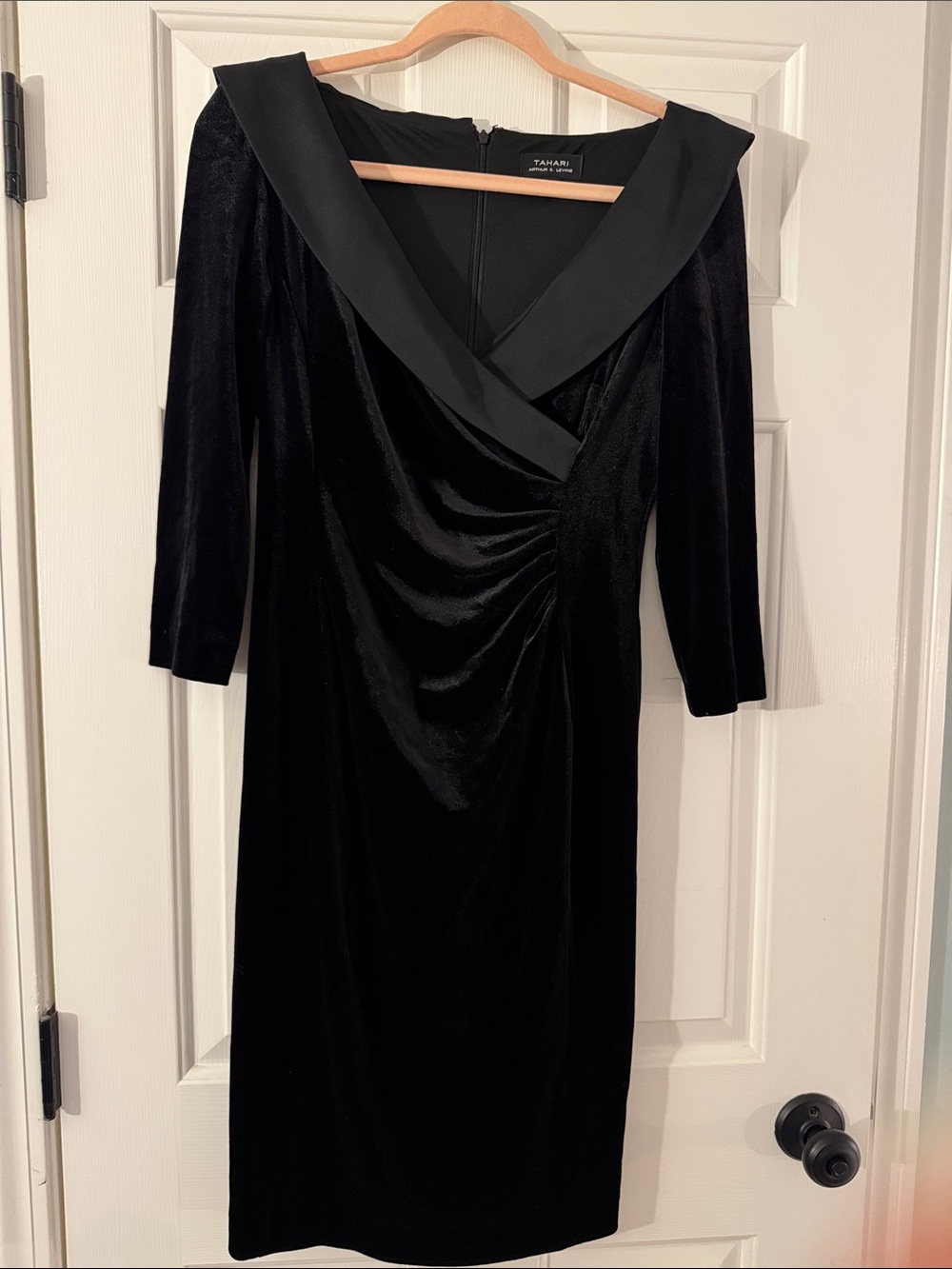 Tahari ASL Black Velvet Draped V-Neck Midi Dress with Wide Collar